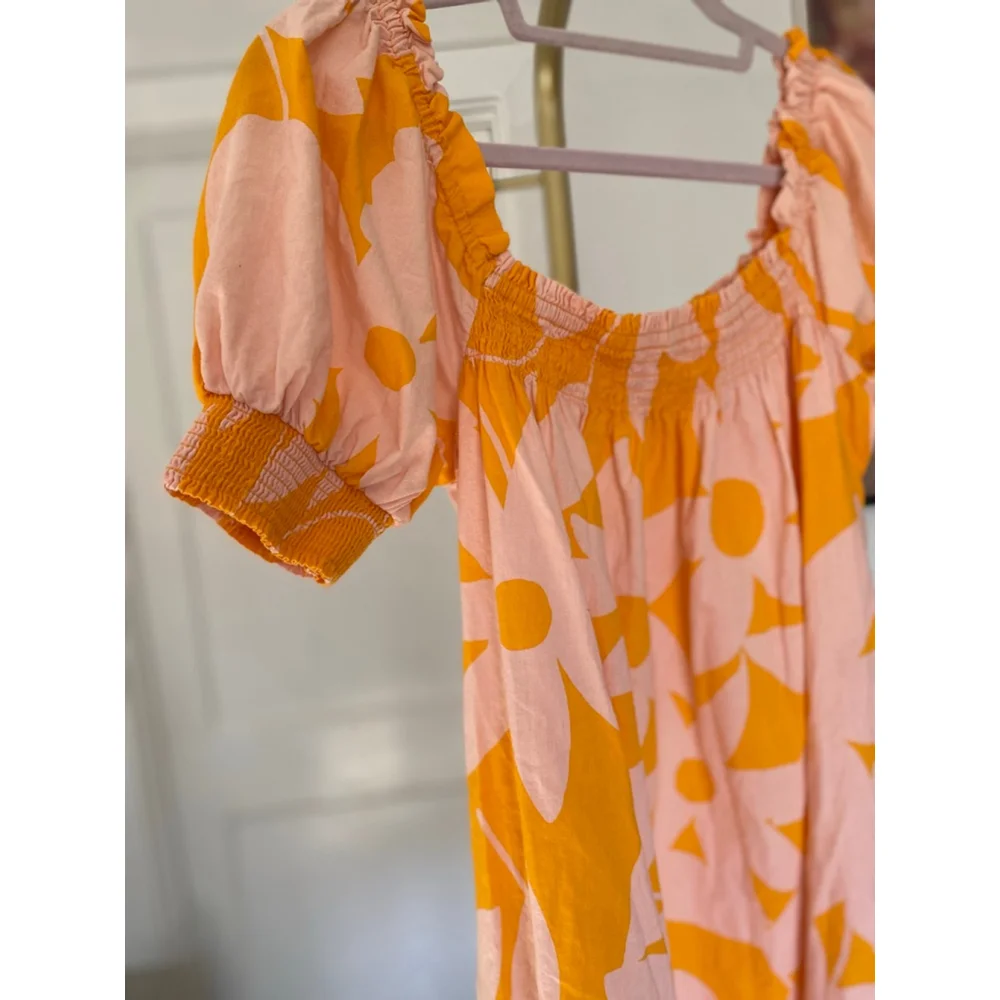 Free People Mila Floral Mini Dress S Boho Puff Sleeve Smocked Pink Orange Beach - Picture 3 of 8